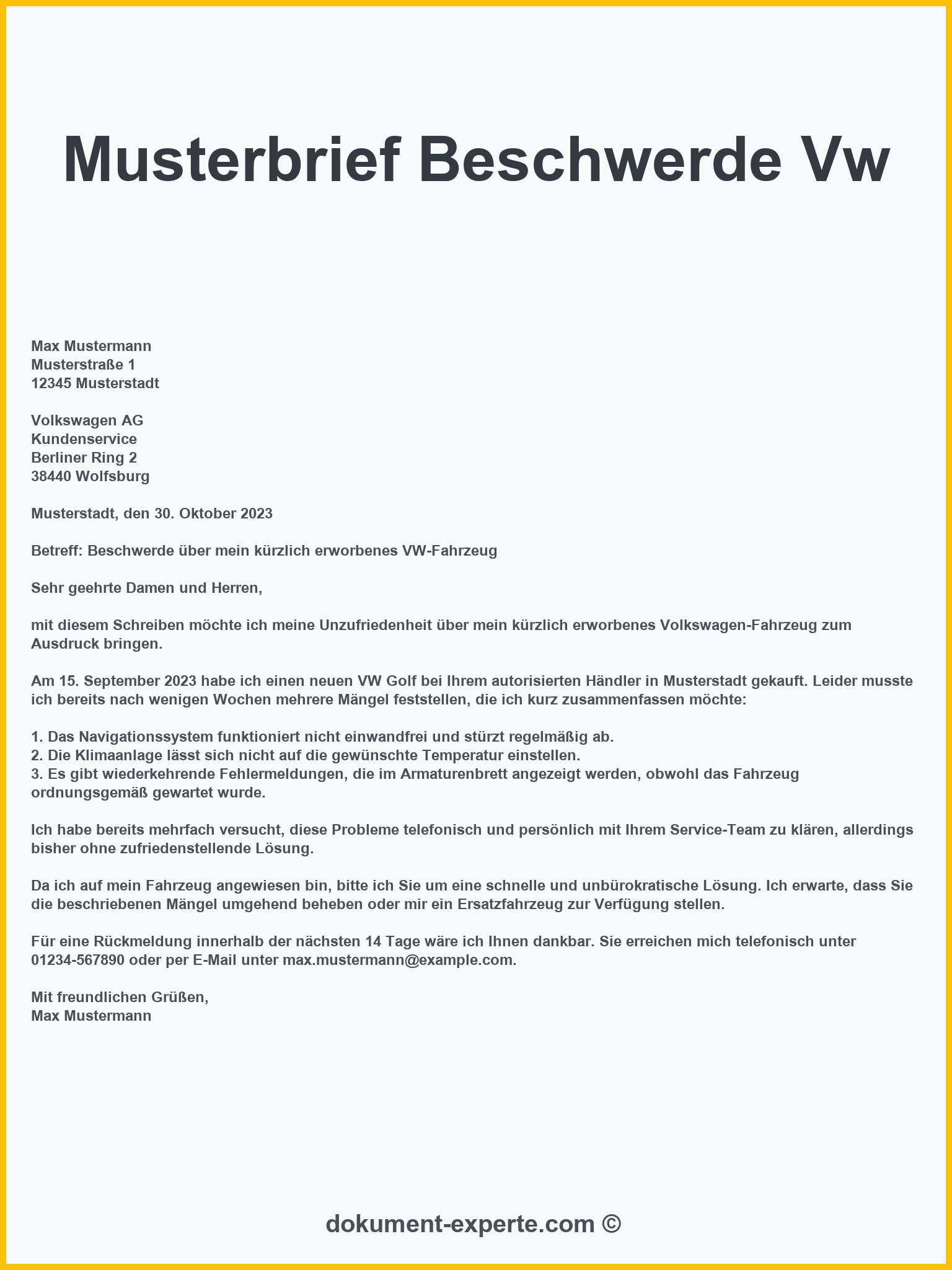 Musterbrief Beschwerde Vw