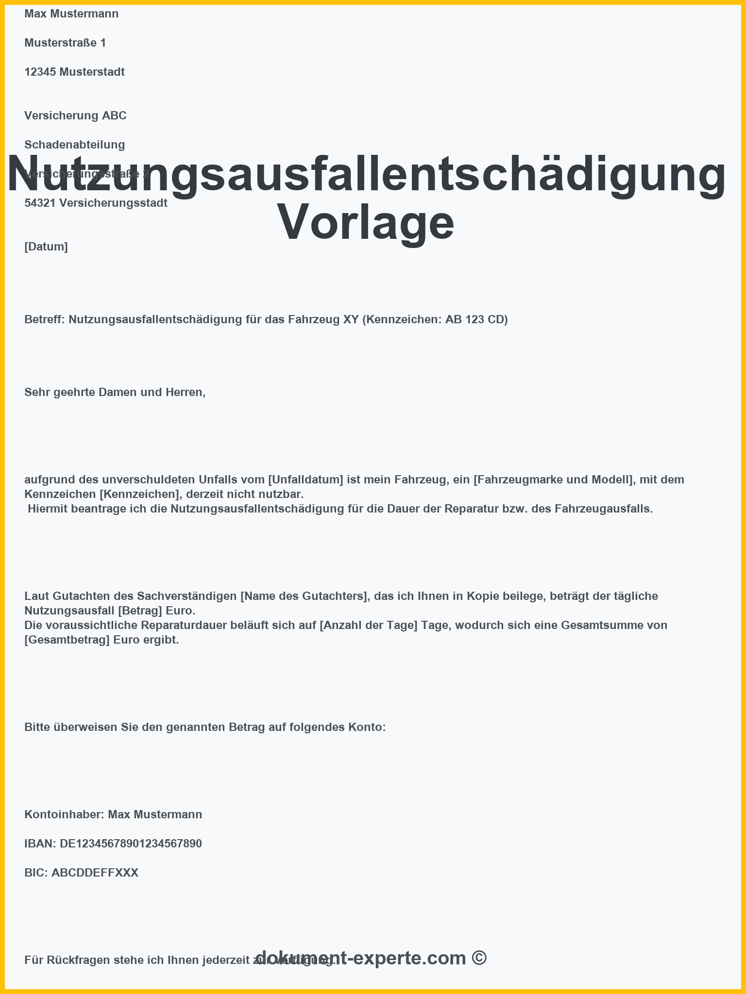 Nutzungsausfallentschädigung Vorlage