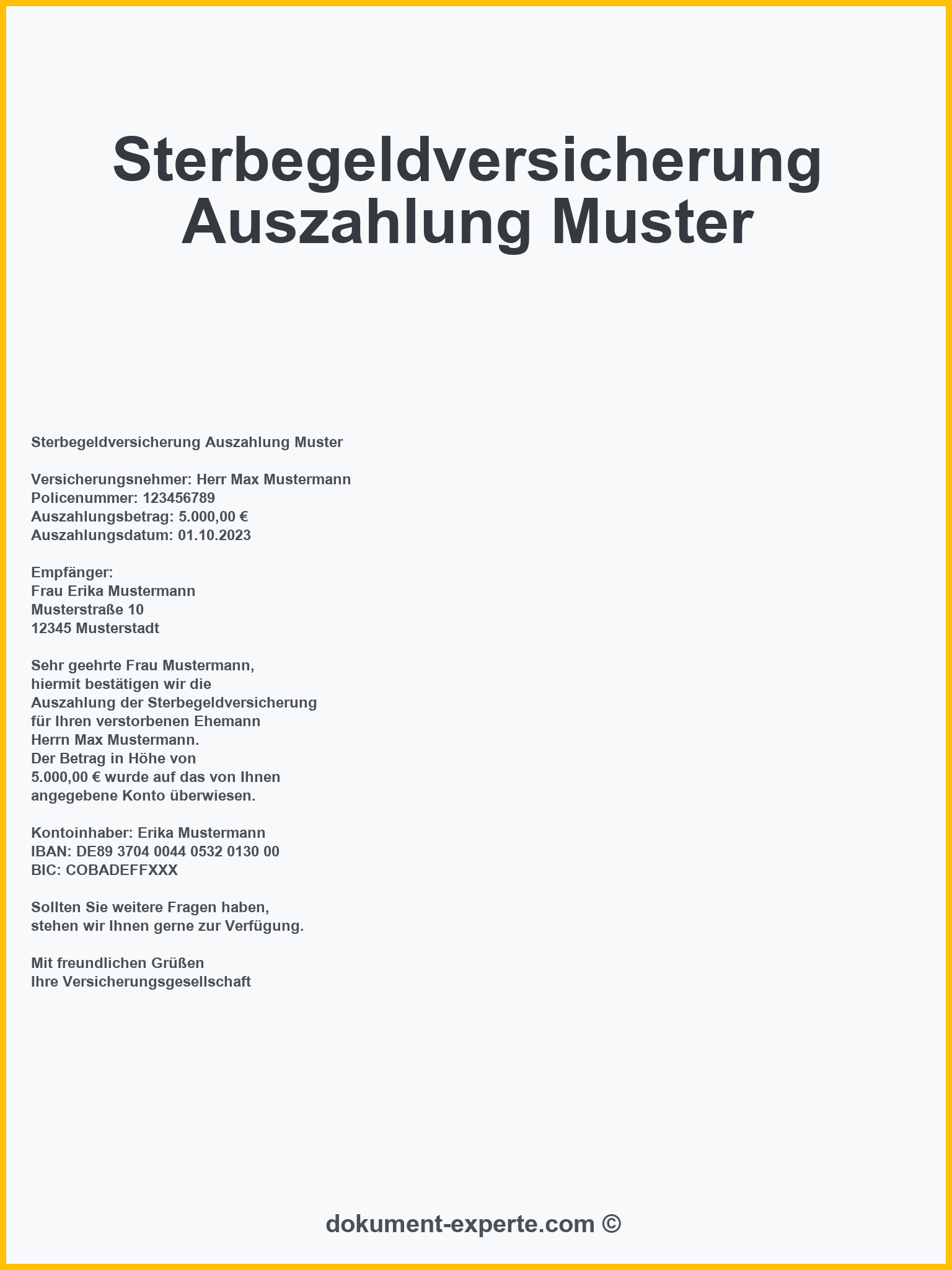 Sterbegeldversicherung Auszahlung Muster