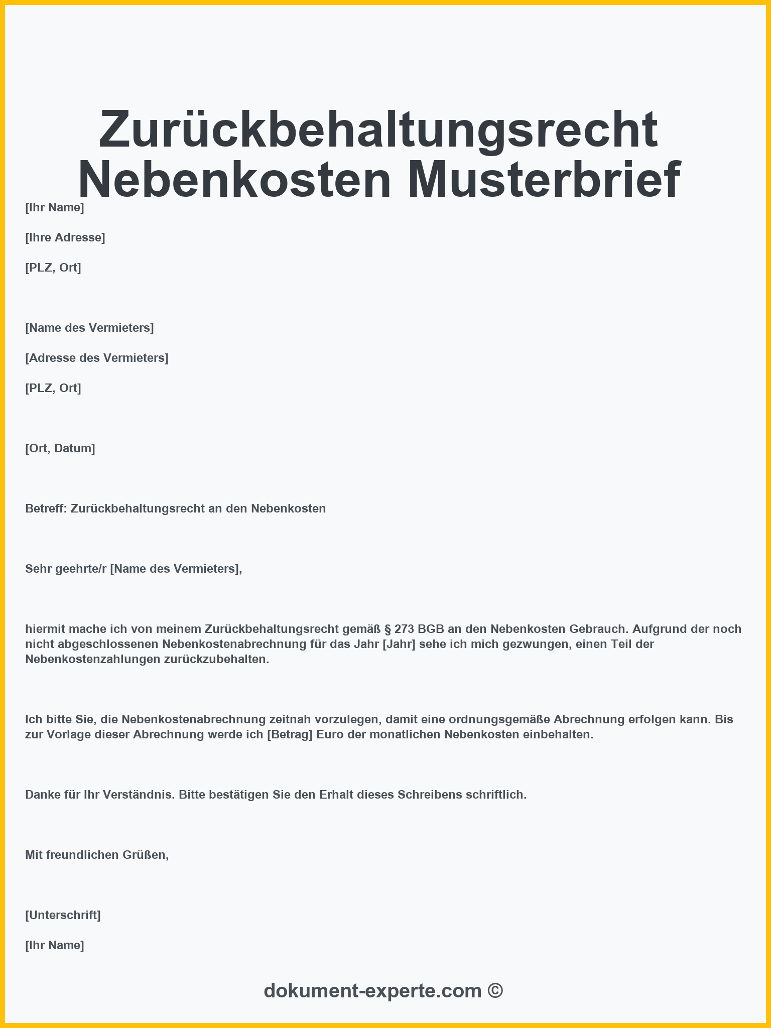 Zurückbehaltungsrecht Nebenkosten Musterbrief